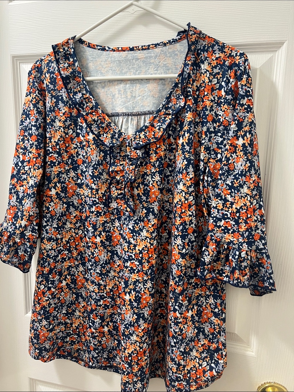 Women's Navy Floral Ruffle-Sleeve Blouse - Orange & Cream Print